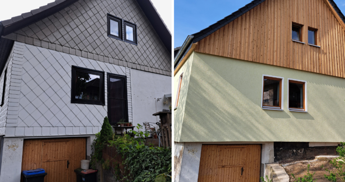 Eine Gegenüberstellung des Hauses vor und nach der Sanierung mit neuer Fassade und neuen Fenstern
