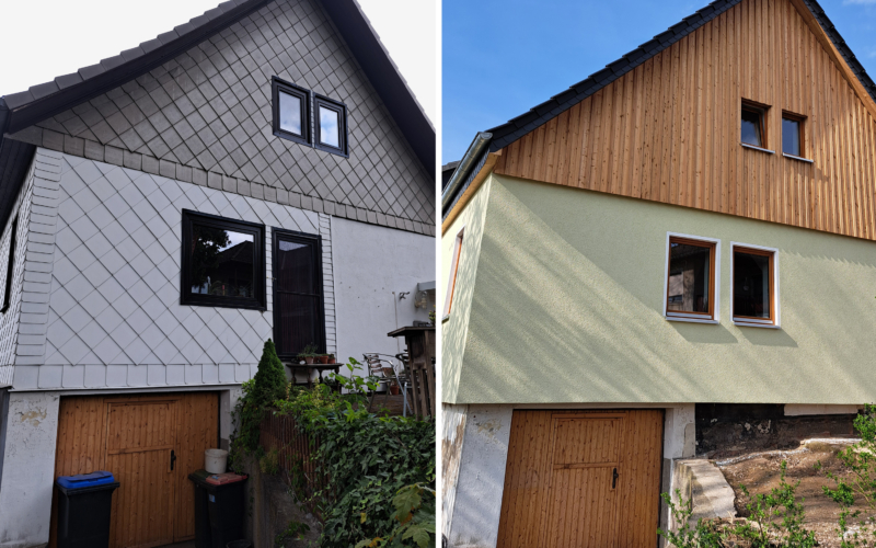 Eine Gegenüberstellung des Hauses vor und nach der Sanierung mit neuer Fassade und neuen Fenstern