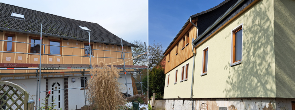 Fassadensanierung mit Gerüst und in saniertem Zustand